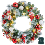  24″ Christmas Wreath with LED Lights, Balls, Pine Needles & Red Berries